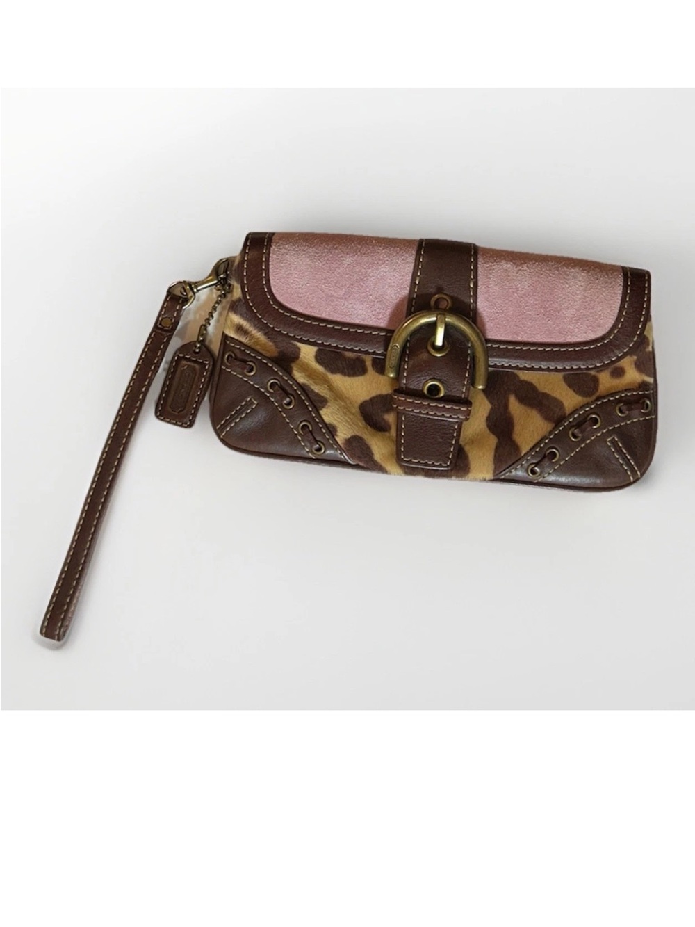 Coach Soho Wristlet-Ocelot Hair Calf, Lavender Suede, Brown Laced Leather, Brass